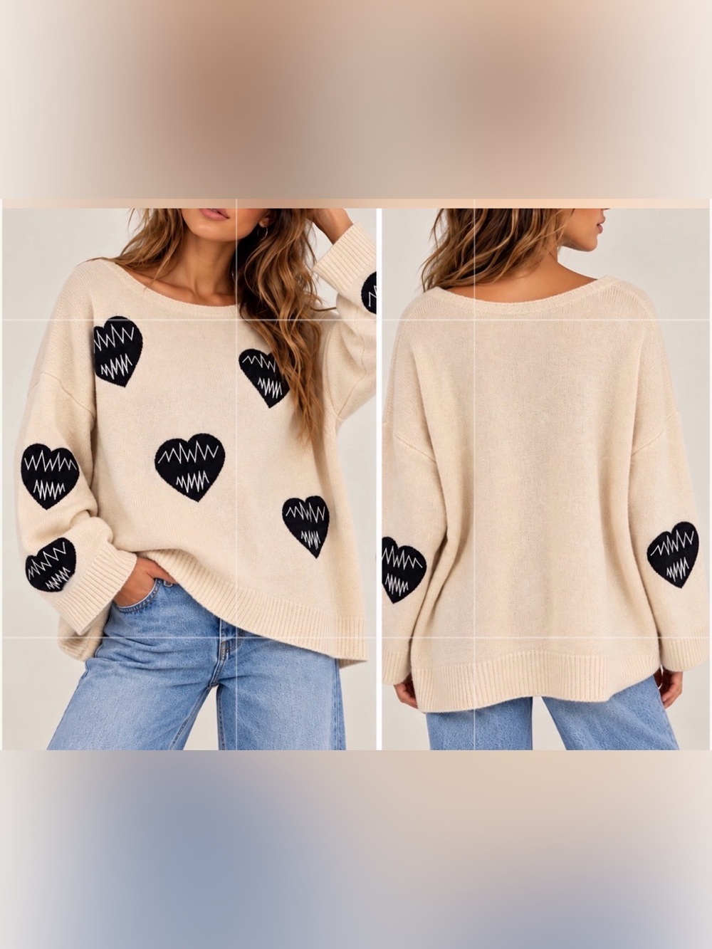 Peyton Valley Cream Black Heart Oversized Sweater Size L